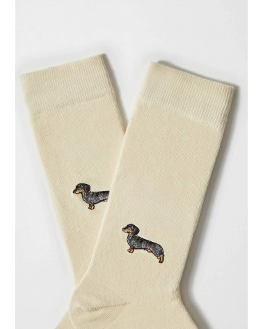 BePets - Beige socks with embroidered Dachshund motif Besocks funny crazy cute cool best pop socks for women men