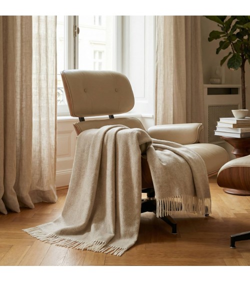 Plaid HERRINGBONE Beige - Couverture en laine mérinos Bronte by Moon un plaid cocooning couverture chaude douce plaide lit