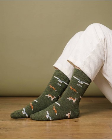 Animaux de la Forêt - Chaussettes en laine mérinos - Vert Army Alfredo Gonzales jolies pour femme originales pour homme chaus...