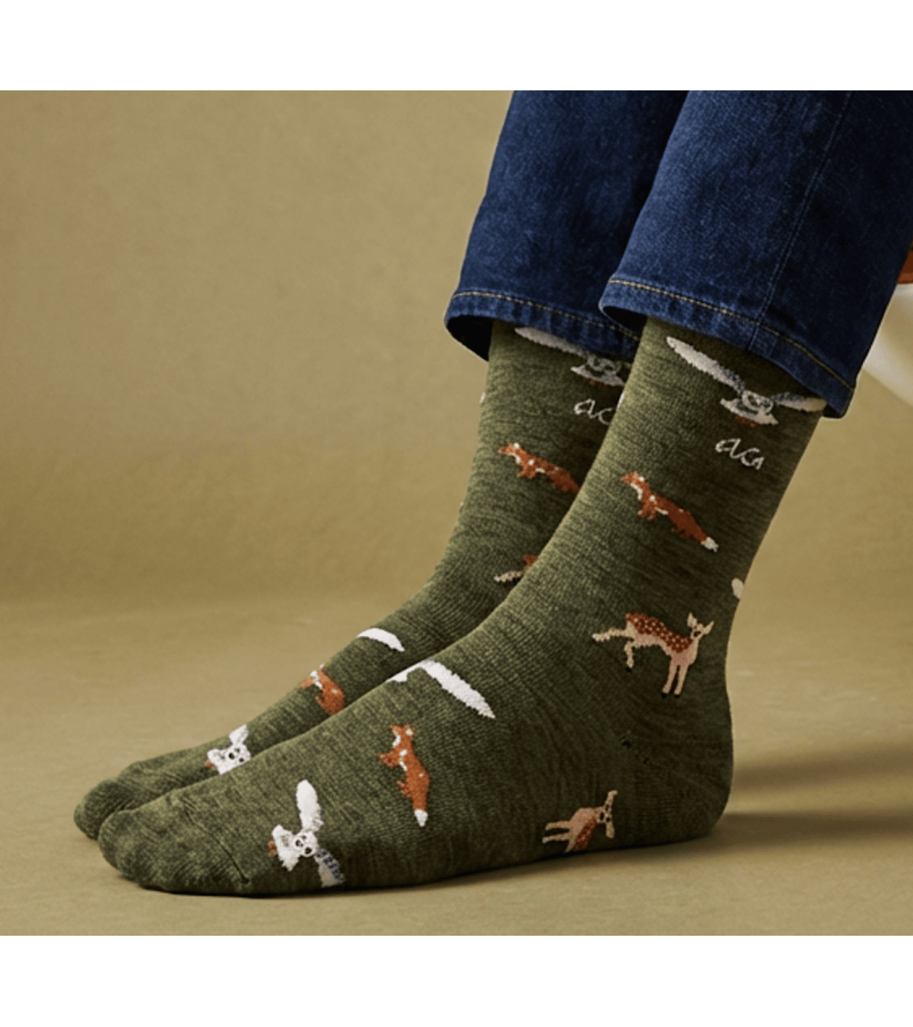 Animaux de la Forêt - Chaussettes en laine mérinos - Vert Army Alfredo Gonzales jolies pour femme originales pour homme chaus...