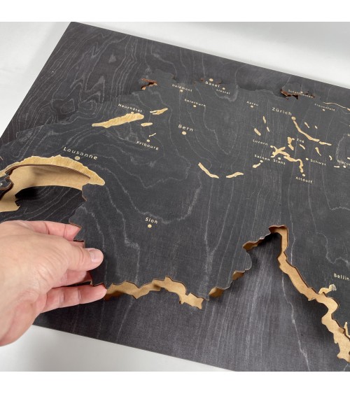 Wooden Map of Switzerland with Cantonal Capitals Papurino