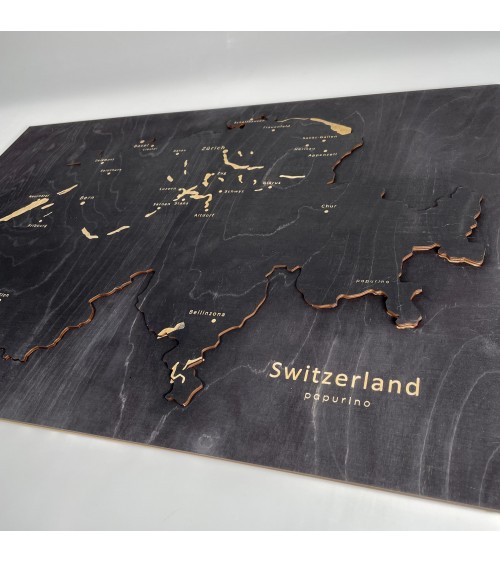 Carte de la Suisse en bois avec les Chefs-lieux des 26 cantons Papurino deco murale bois moderne design salon chambre