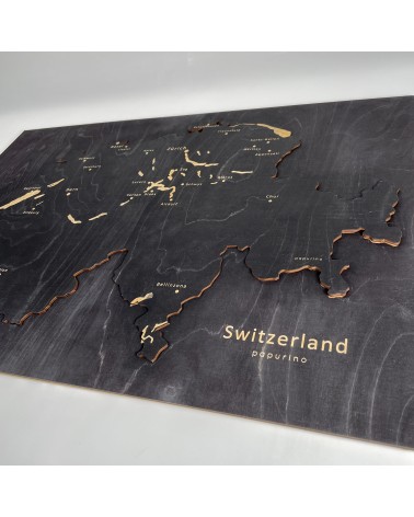 Carte de la Suisse en bois avec les Chefs-lieux des 26 cantons Papurino deco murale bois moderne design salon chambre