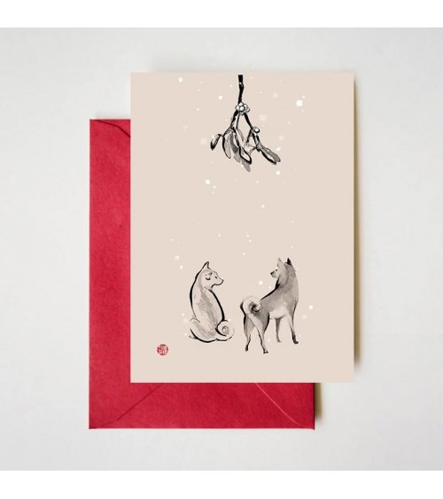 Carte de Voeux - Shiba Inu sous le gui Rice&Ink Cartes de Voeux design suisse original