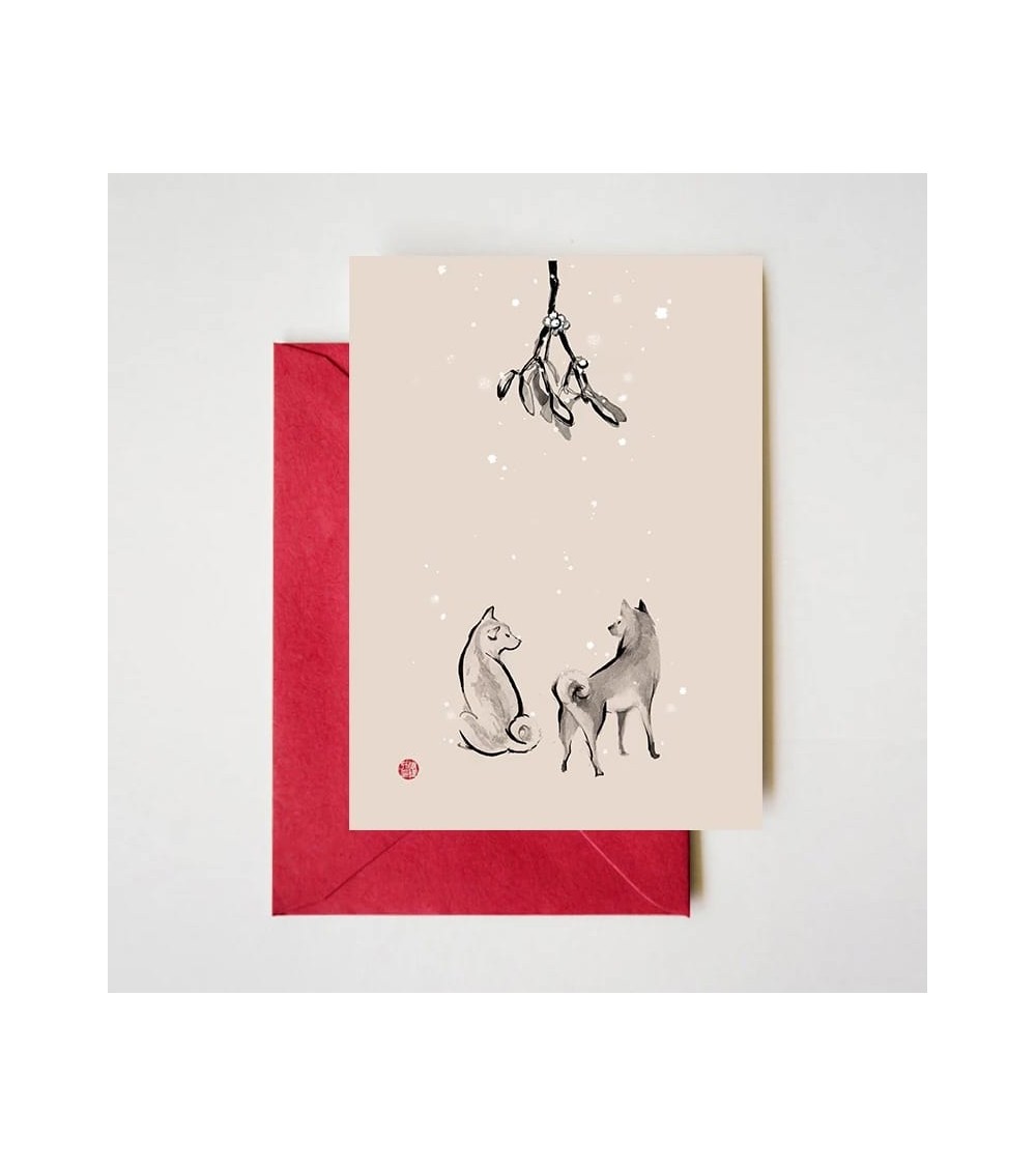 Greeting Card - Shiba Inu underneath the Mistletoe Rice&Ink happy birthday wishes for a good friend congratulations cards