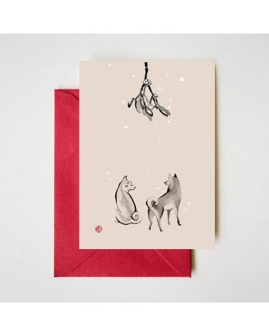 Greeting Card - Shiba Inu underneath the Mistletoe Rice&Ink happy birthday wishes for a good friend congratulations cards