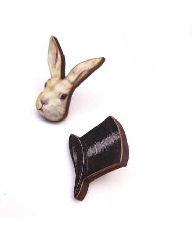Top hat and white rabbit - Wooden pins Fen & Co broches and pins hat pin badges collectible